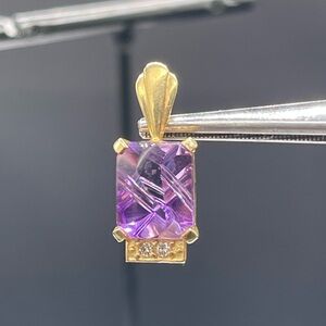 Elegant Laser Cut Natural Amethyst & Diamond 14k Yellow Gold Pendant 3.20 Carats